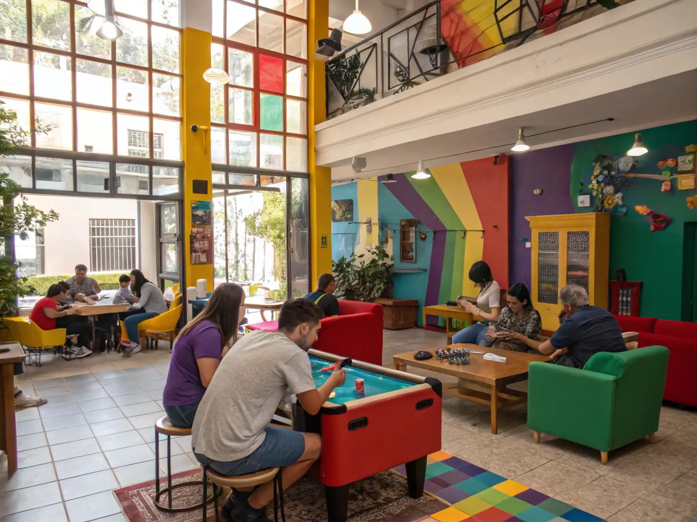 A cozy and colorful hostel in a bustling Costa Rican town, depicting a social atmosphere, budget-friendly accommodations, and cultural immersion.