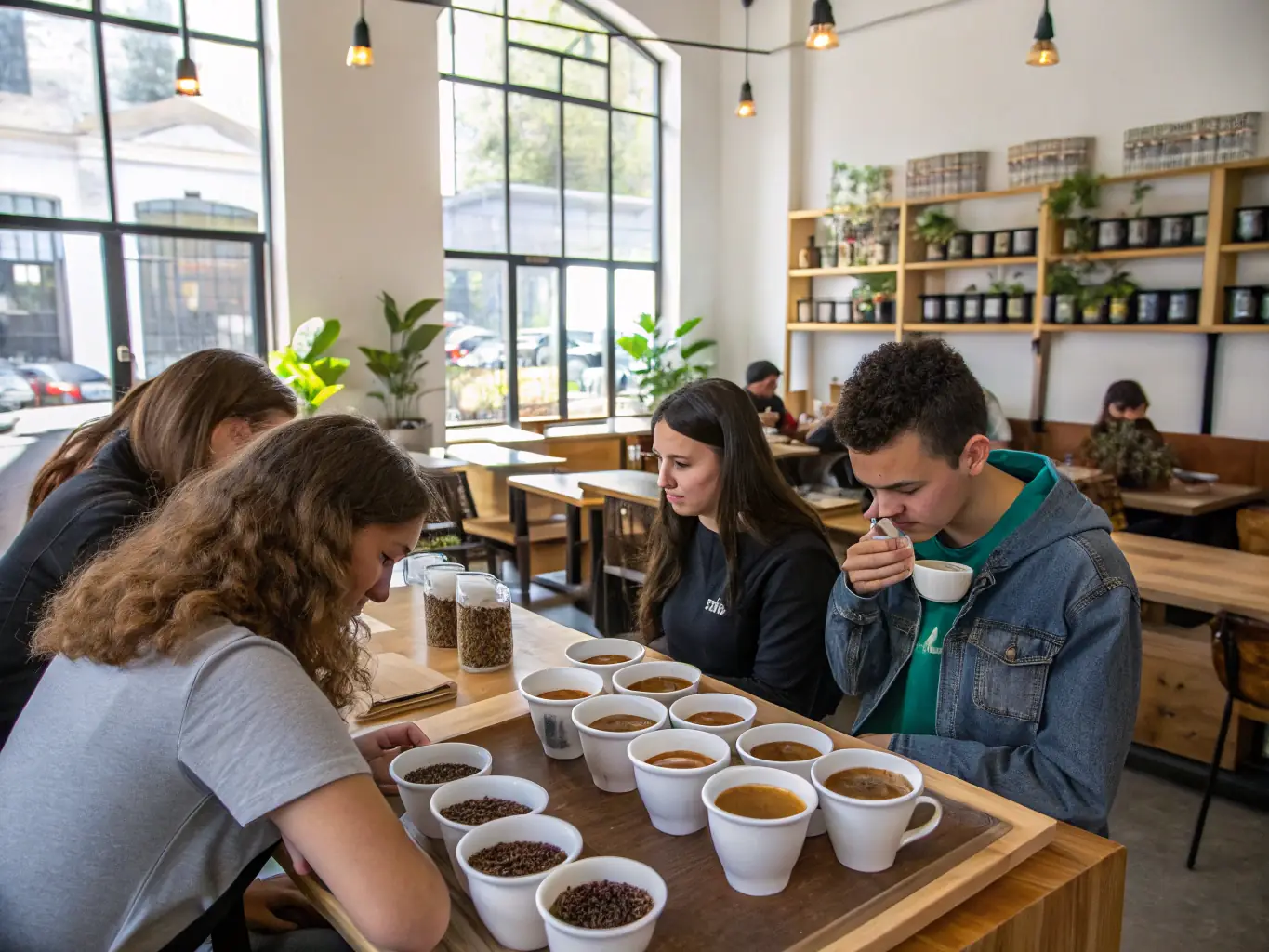 A photograph of a group of tourists participating in a coffee tour, learning about the coffee-making process from bean to cup.