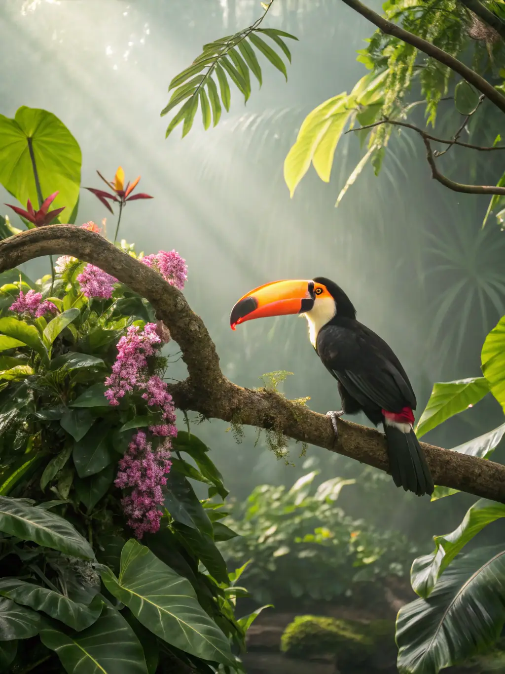 A close-up shot of a colorful toucan perched on a branch in the Costa Rican rainforest, emphasizing the country's rich biodiversity.