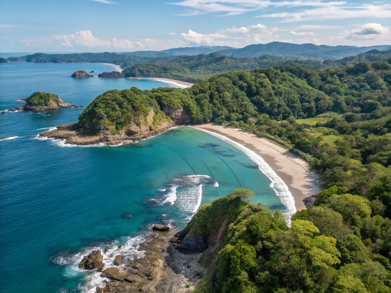 A stunning aerial view of Manuel Antonio National Park, showcasing its white-sand beaches, turquoise waters, and dense rainforest, capturing the essence of its natural beauty and popularity.