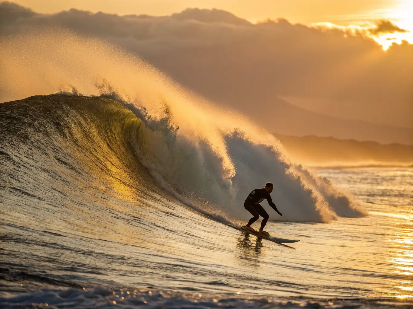 A photograph capturing a surfer riding a wave at sunset in Tamarindo, Costa Rica, showcasing the popular surfing activity.