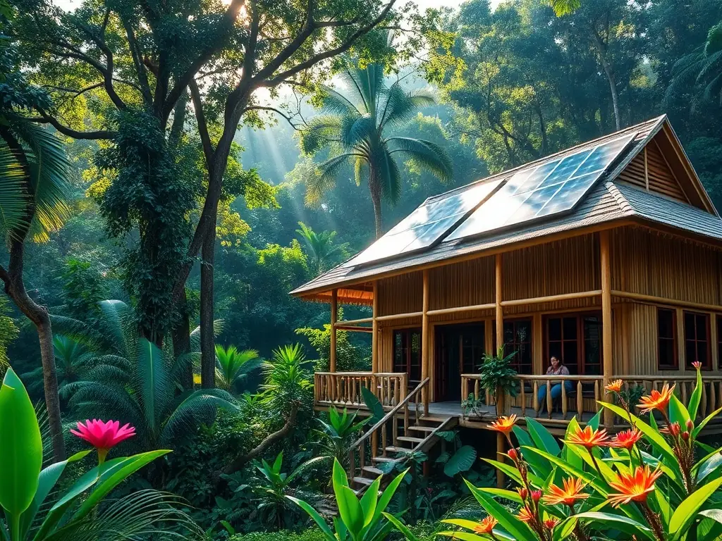 A serene image of a beachfront eco-lodge in Costa Rica, showcasing sustainable architecture and lush tropical surroundings, emphasizing tranquility and environmental consciousness.