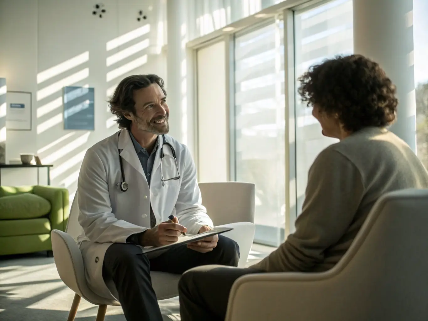 A friendly doctor in a clinic in Costa Rica, advising a tourist on necessary vaccinations and health precautions before their trip.