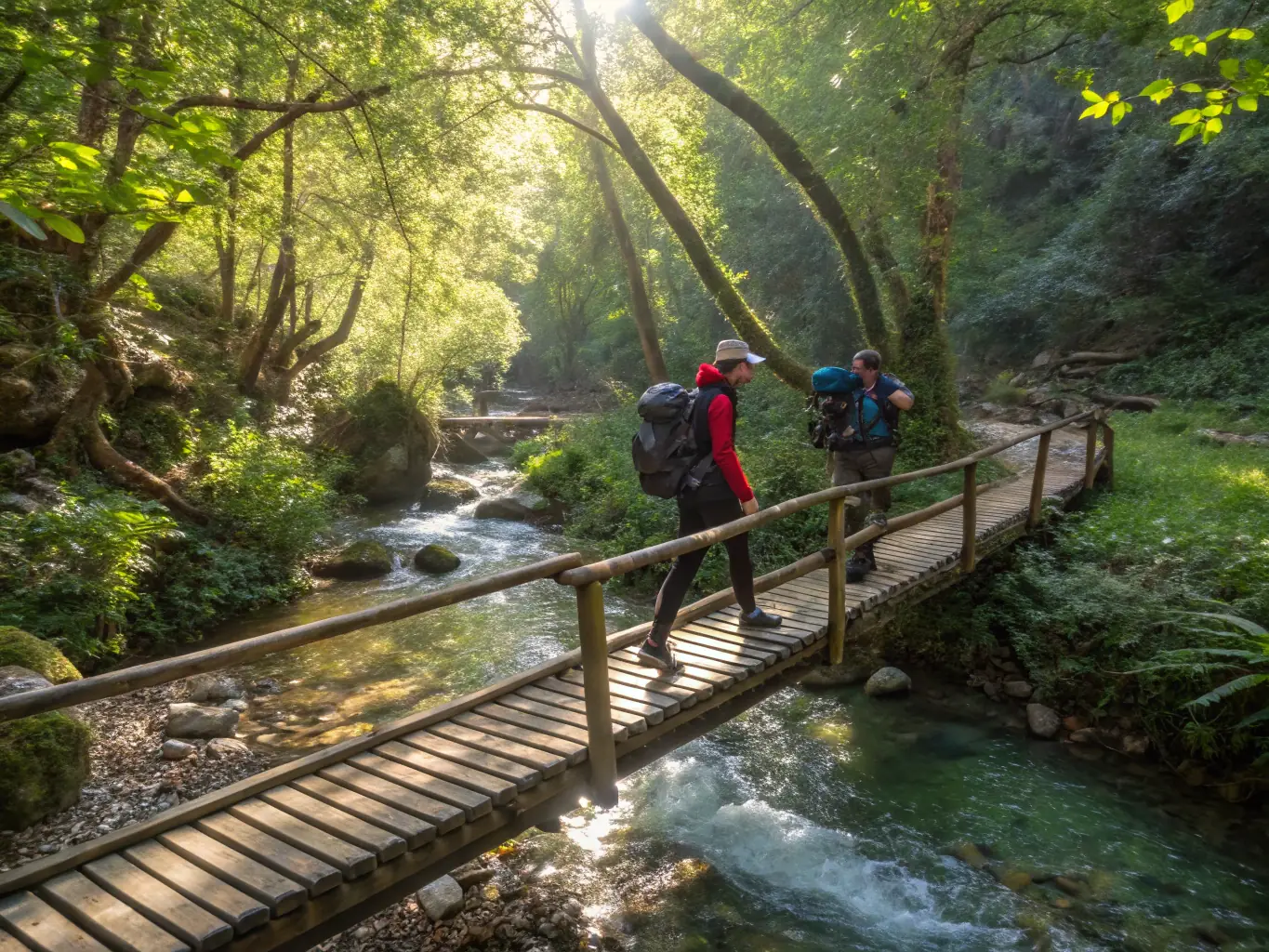 A photograph of hikers traversing a hanging bridge in Monteverde cloud forest, highlighting the hiking and nature exploration opportunities.
