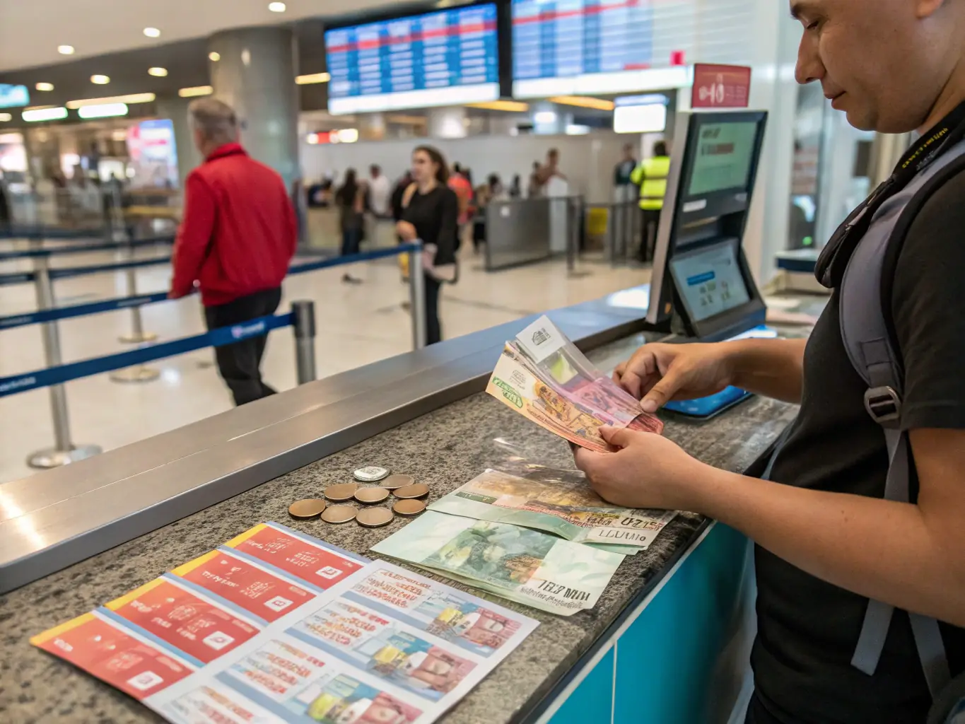 A traveler exchanging currency at a local bank in Costa Rica, with colones and US dollars visible.