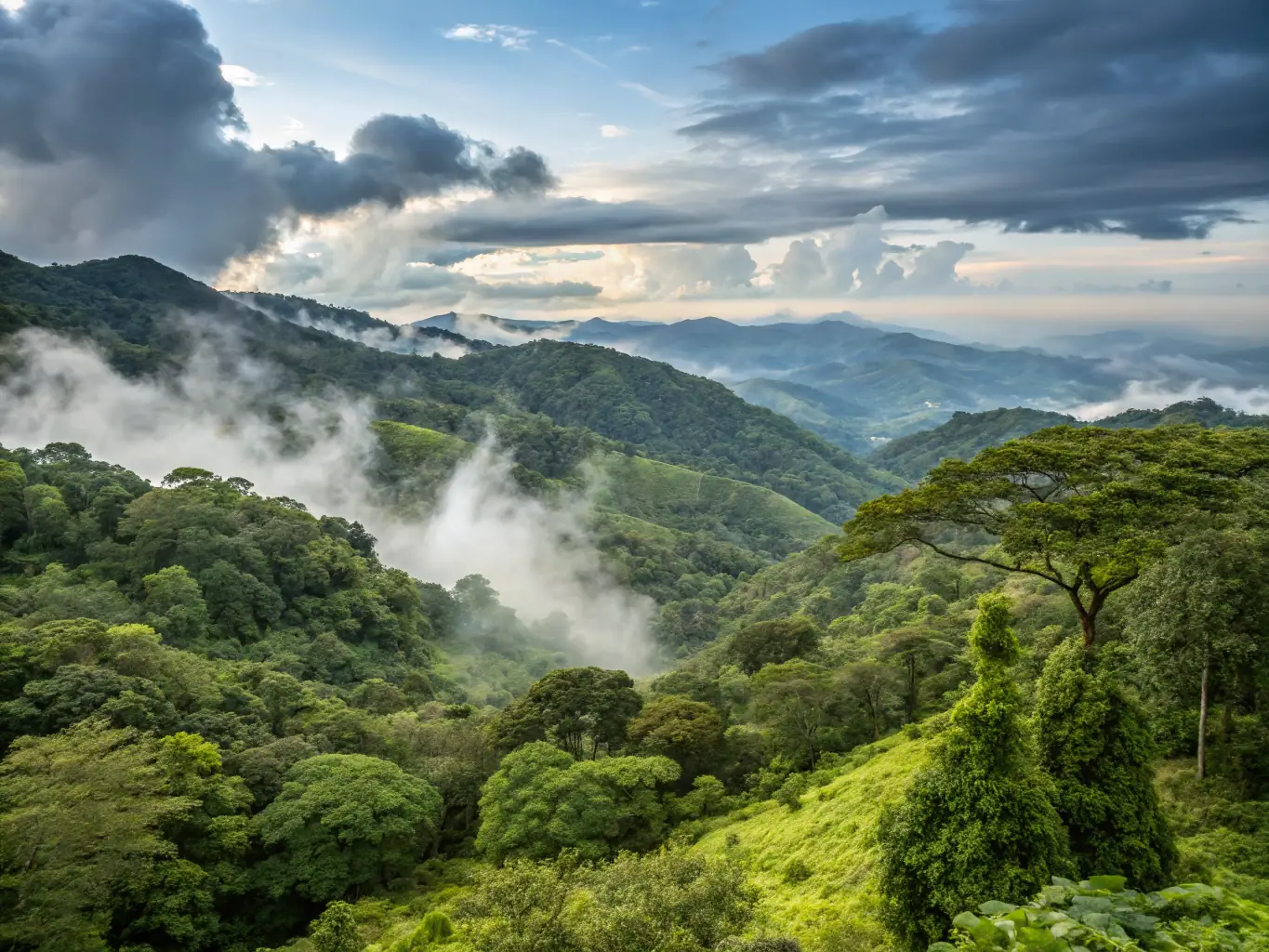A captivating image of the Monteverde cloud forest in Costa Rica, featuring lush greenery, mist-covered trees, and a hanging bridge. The scene evokes a sense of mystery and adventure, highlighting the region's unique biodiversity and natural beauty.