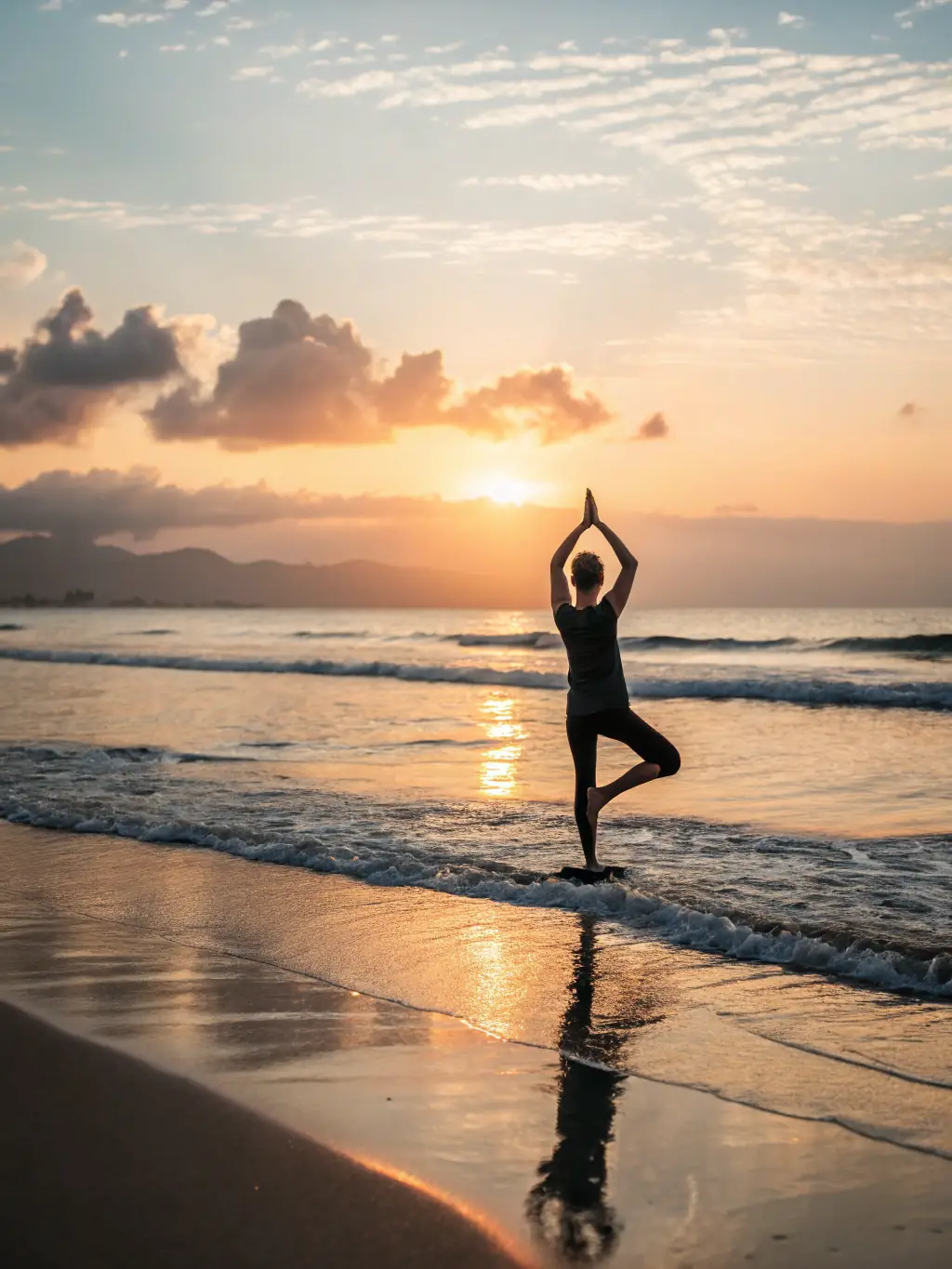 A serene photo of a person practicing yoga on a beach in Costa Rica at sunset, highlighting the wellness and relaxation aspect of travel.