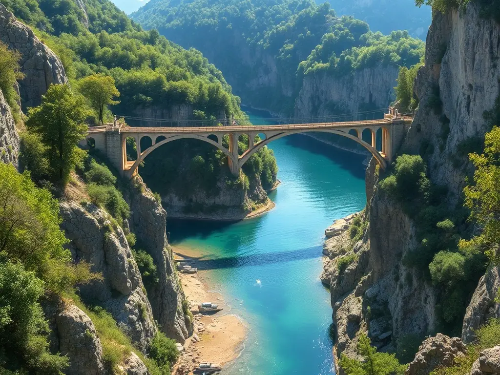 A picturesque scene of Monteverde's cloud forests, featuring a hanging bridge suspended high above the canopy, with mist swirling around the lush greenery, emphasizing the unique biodiversity and ethereal atmosphere.